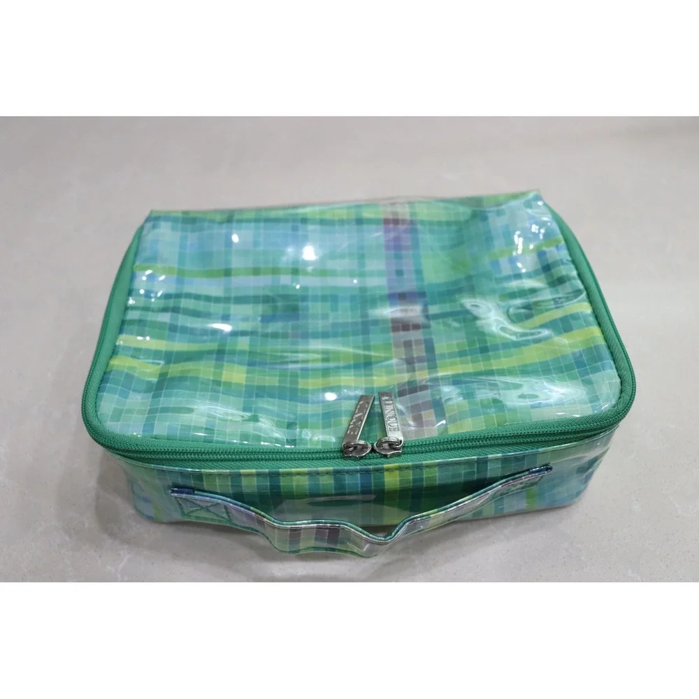 Clinique Green Plaid Pixelated Makeup Bag Travel Cosmetic Case with Handle